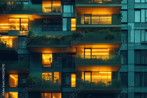 Twilight business hub with illuminated green balconies, glowing windows, urban eco-friendly architecture