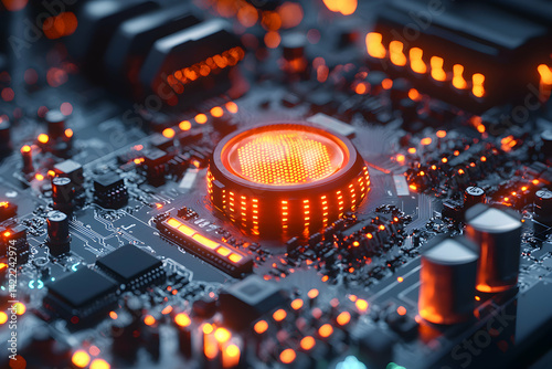 A high-tech image showcasing a glowing circuit board. It could be used to represent modern technology or illustrate concepts related to data processing and computing.