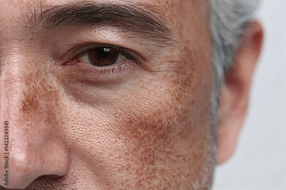 Fototapeta premium Close-up of a middle-aged man with more sun spots on his face, white background, photorealistic.