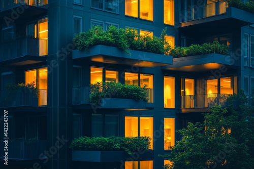 Twilight business hub with illuminated green balconies, glowing windows, urban eco-friendly architecture