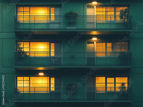 Nighttime scene of green office building, balconies softly lit with ambient lighting, peaceful work environment