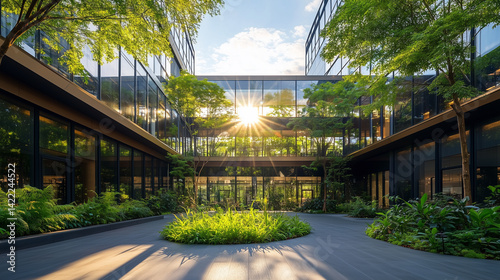 Midday sun over sustainable business center, bright vibrant plants on terraces, healthy work atmosphere