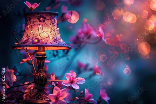 A beautifully crafted vintage lamp sits amidst vibrant pink blossoms, creating a whimsical and romantic atmosphere. Perfect for evoking a serene and enchanting mood.
