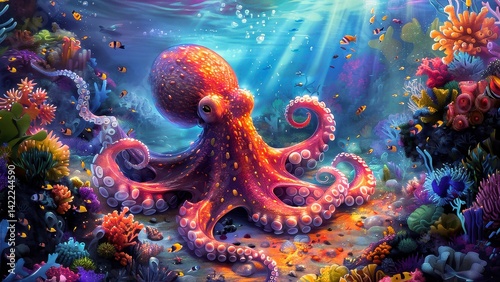A vibrant underwater scene featuring a majestic octopus surrounded by colorful coral and tropical fish in a lively coral reef.
