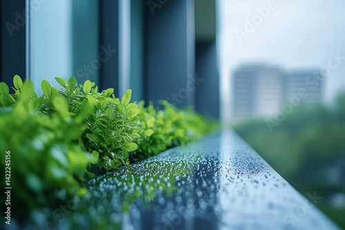 Rainy day at green office complex, wet balcony plants, reflective glass and tranquil ambiance
