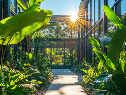 Sunny afternoon at urban green workplace, vibrant plants swaying, clear sky, eco-modern city living