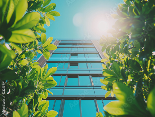 Sunny afternoon at urban green workplace, vibrant plants swaying, clear sky, eco-modern city living