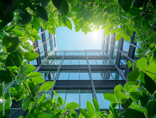Sunny afternoon at urban green workplace, vibrant plants swaying, clear sky, eco-modern city living