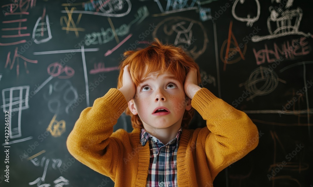 Frustrated boy with red hair in classroom overwhelmed by complex math problems Frustrated boy with red hair in classroom overwhelmed by complex math problems