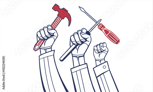 Flat Vector Illustration of Workers Forming Human Chain – Holding Different Tools (Saw, Drill, Hammer), Wearing Protective Helmets, Representing Labor Solidarity on White Background