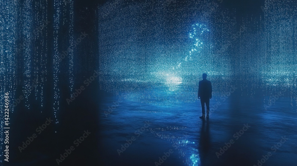 Man Contemplating Digital Data in Abstract Space Man Contemplating Digital Data in Abstract Space