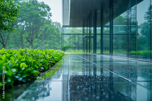 Rainy day at green office complex, wet balcony plants, reflective glass and tranquil ambiance