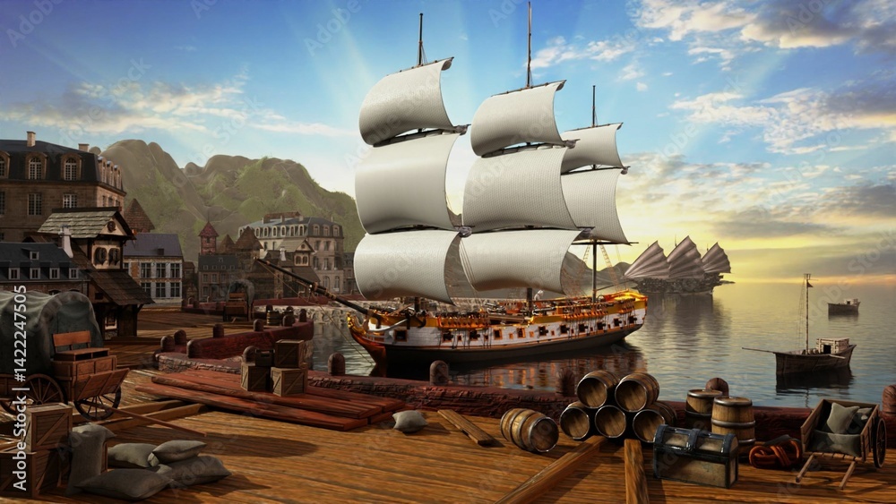 Fototapeta premium A detailed stylized 3D scene of a coastal port town at two different times of day – morning and evening. The harbor features tall sailing ships, cobblestone streets, wooden carts, barrels, crates