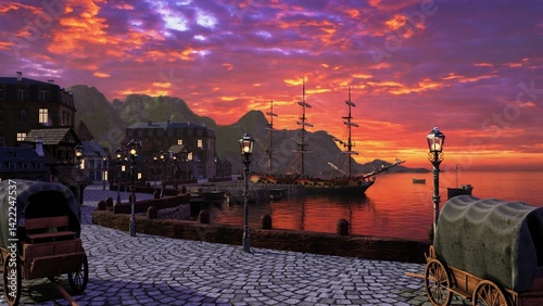 A detailed stylized 3D scene of a coastal port town at two different times of day – morning and evening. The harbor features tall sailing ships, cobblestone streets, wooden carts, barrels, crates