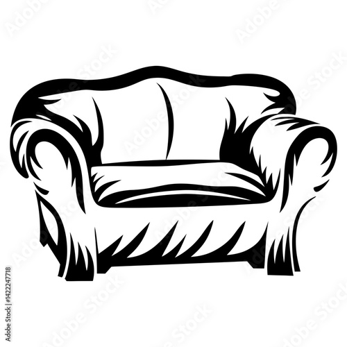 Graphic black and white illustration of a comfortable living room sofa