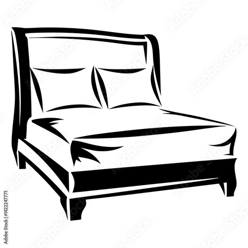 Stylized Black and White Illustration of a Bed with Pillows and Headboard