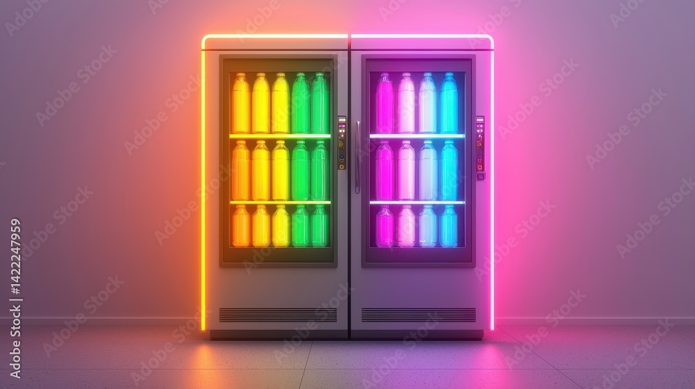 A vibrant vending machine with illuminated bottles in various colors, creating a modern and visually appealing display. A vibrant vending machine with illuminated bottles in various colors, creating a modern and visually appealing display.
