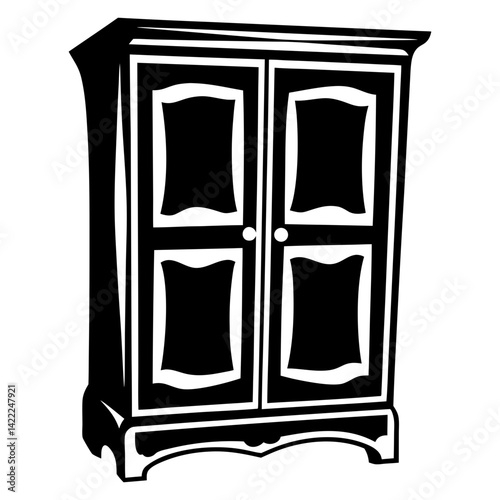 Stylized Black and White Wardrobe Illustration with Intricate Detailing and Classic Design