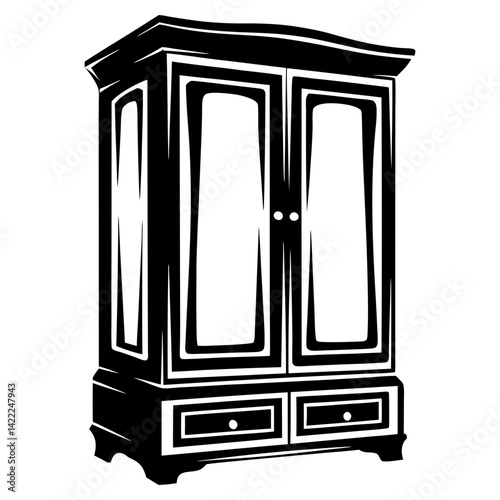 Black and white illustration of a classic wardrobe with doors and drawers
