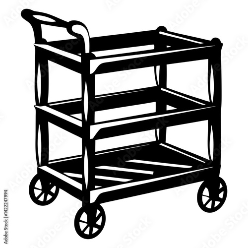 Black and white image of a three tier rolling bar cart
