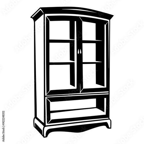 Elegant Black and White Illustration of a Vintage China Cabinet or Hutch