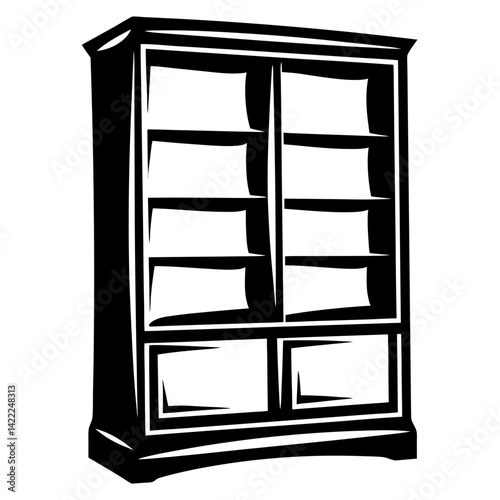 Black and white illustration of a classic and ornate bookcase design