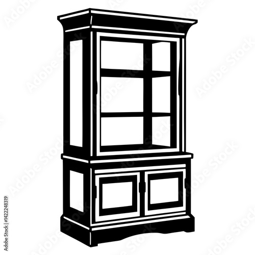 Elegant black and white display cabinet with glass shelves and lower storage