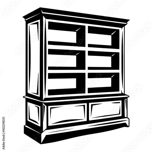 Stylized Black and White Bookcase Cabinet with Shelves and Storage Space