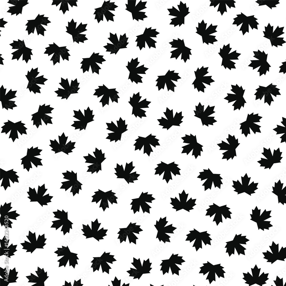 Fototapeta premium Black and White Maple Leaves Seamless Pattern with Minimalist Botanical Vector Design
