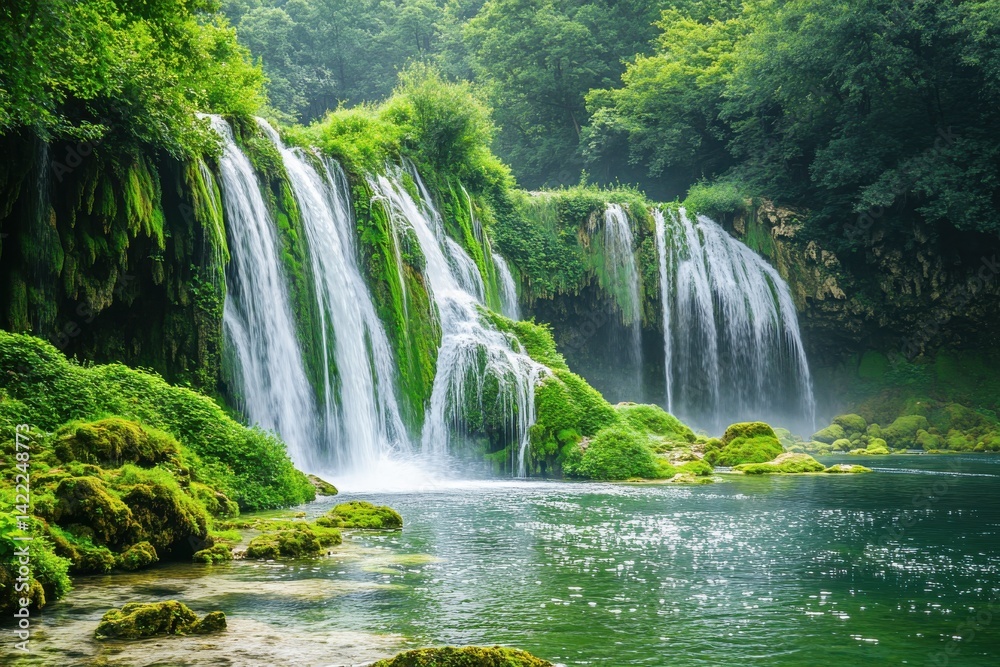 A serene waterfall cascading into a tranquil pool surrounded by lush green vegetation and dense foliage
