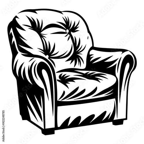 Dramatic black and white illustration of a stylish armchair in bold strokes