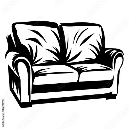 Black and white two seater couch illustration with stylized shadow details