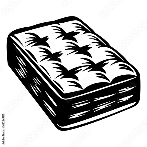 Stylized black and white illustration of a mattress or cushion with tufted surface