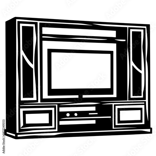 Black and white line art depiction of a retro television console