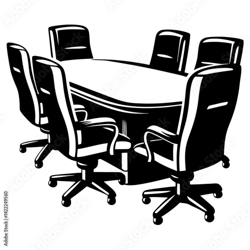 A black and white illustration of a boardroom table with office chairs