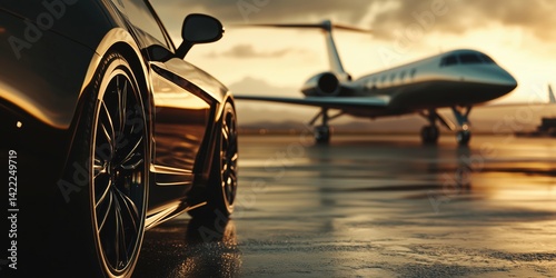 Luxury sports car parked near private jet at sunset on airport runway