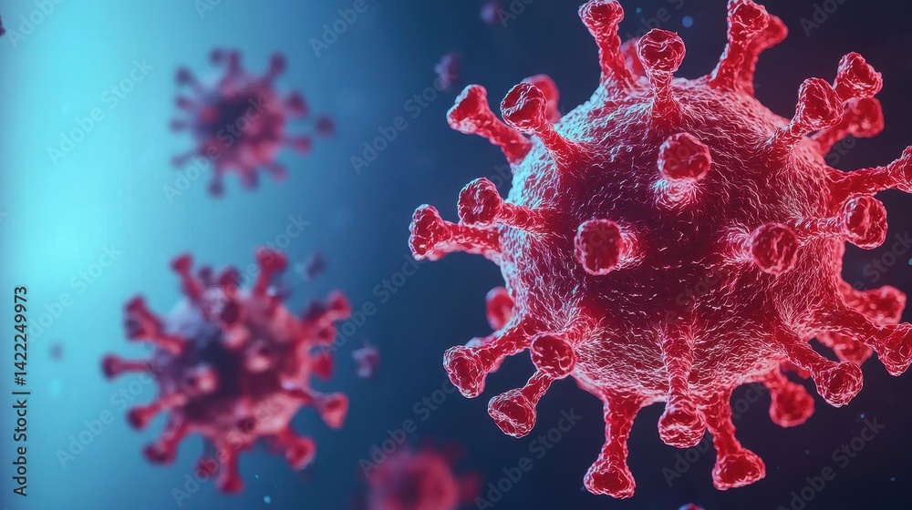 A detailed illustration of virus particles, prominently featuring the coronavirus structure in vibrant red against a blue backdrop. A detailed illustration of virus particles, prominently featuring the coronavirus structure in vibrant red against a blue backdrop.