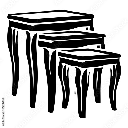 Monochrome vector illustration of three nesting tables with square tops and legs