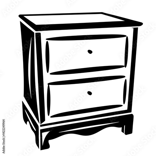 Monochrome illustration of a twodrawer nightstand with simple knob pulls and stylized legs