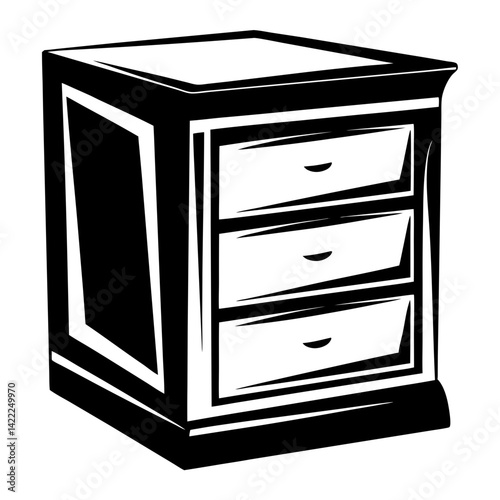 Black and white illustration of a small three drawer nightstand table