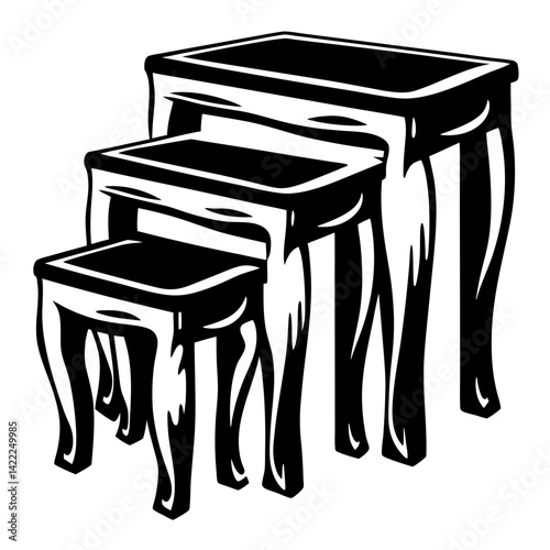 Monochrome illustration of nesting tables with elegant curved legs and design