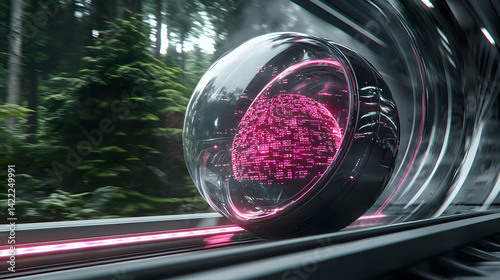 A futuristic sphere containing glowing data moves through a metallic tunnel against a blurred forest backdrop. Consider this for tech or sci-fi visuals.