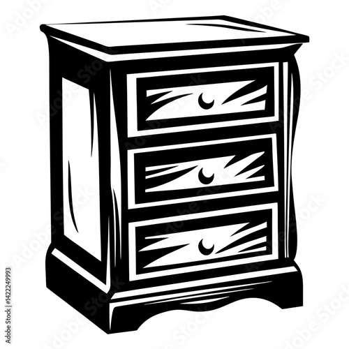 Black and white drawing of a three drawer bedside table design