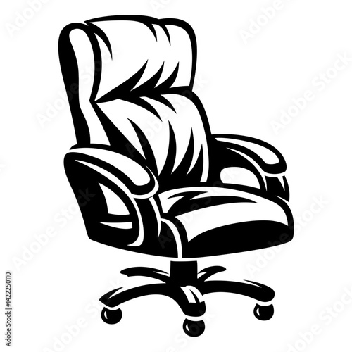 Monochromatic depiction of a luxurious executive office chair with caster wheels