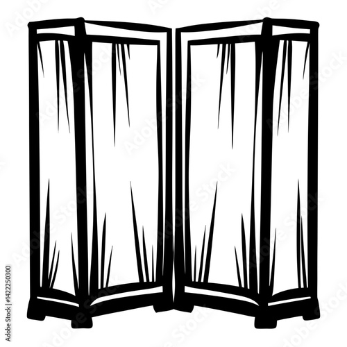 Monochrome illustration of a two panel screen with black line design