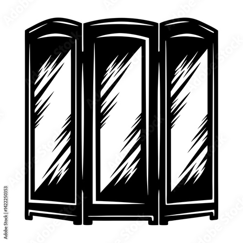 Monochrome Illustration of ThreePanel Room Divider with Abstract Reflections, Stylized