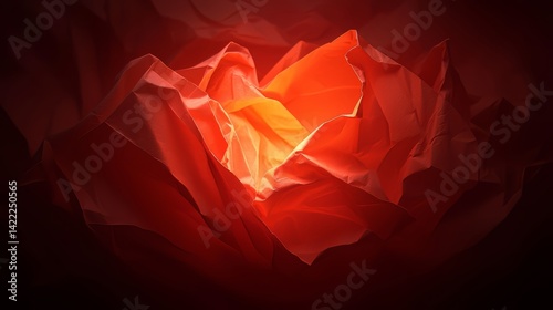 Red flower made of paper. The flower is orange and has a yellow center. The paper is crumpled and has a rough texture. The image has a warm and cozy feeling, as if it were a handmade gift