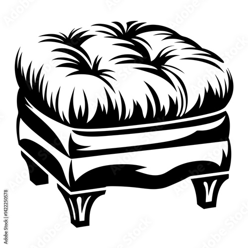 Elegant black and white illustration of a tufted ottoman or footstool