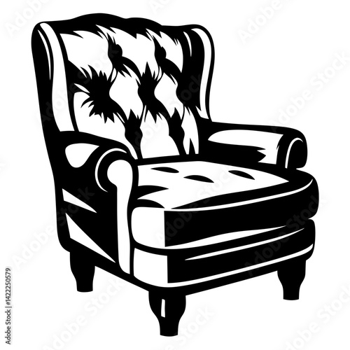 Monochrome illustration of a classic tufted wingback armchair with elegant style