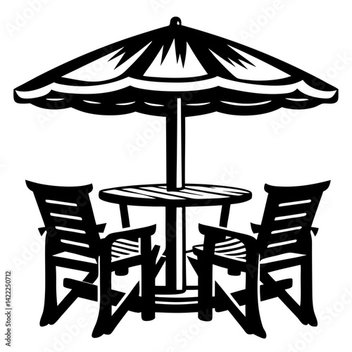 Outdoor dining set featuring chairs, table, and a stylish umbrella